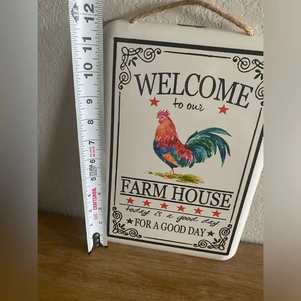 Welcome to Our Farmhouse Distressed Metal White Sign Rope Hanger Wall Decor 12x8